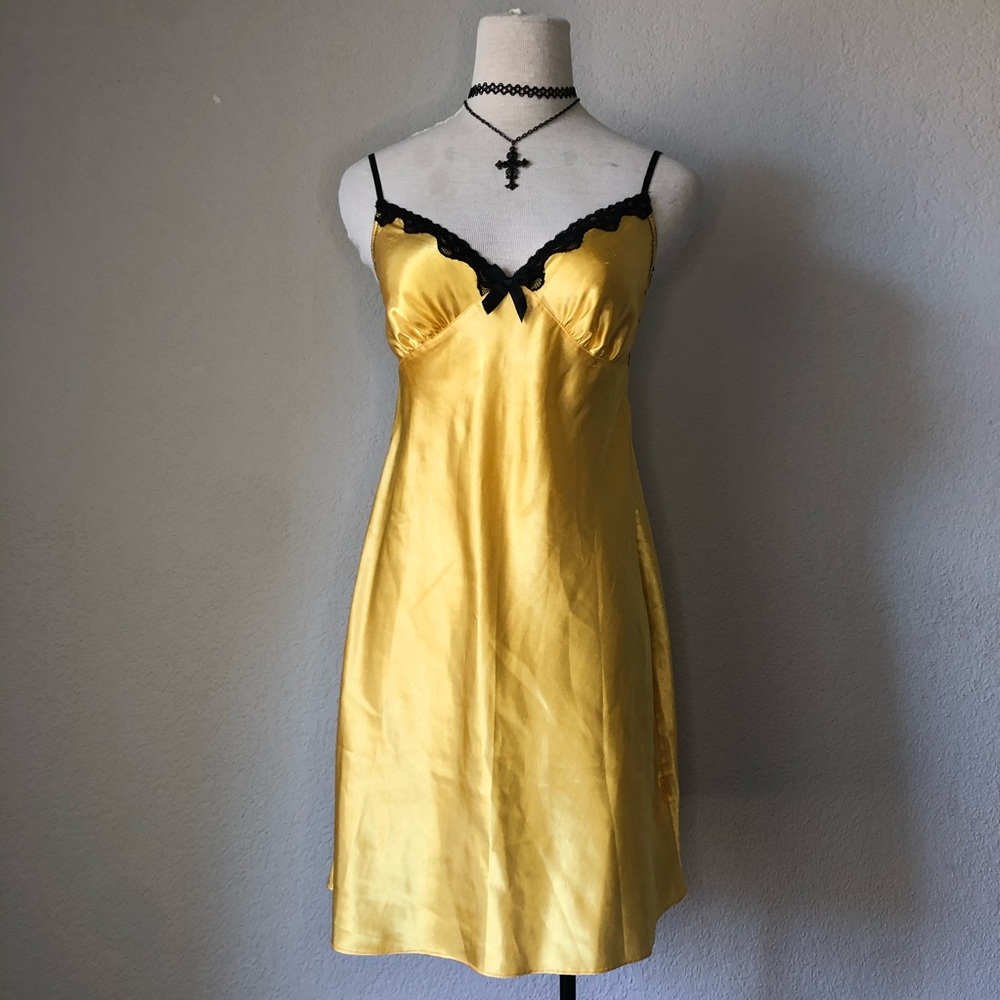 Yellow night slip with black lace detailing